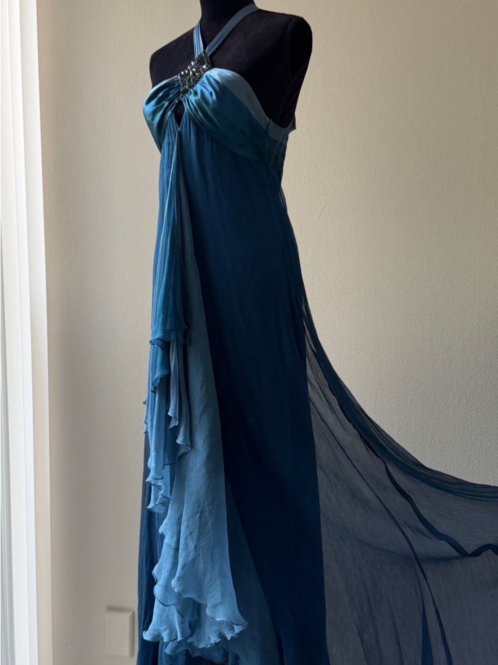 Vintage Silk Teal Blue Chiffon Halter Dress